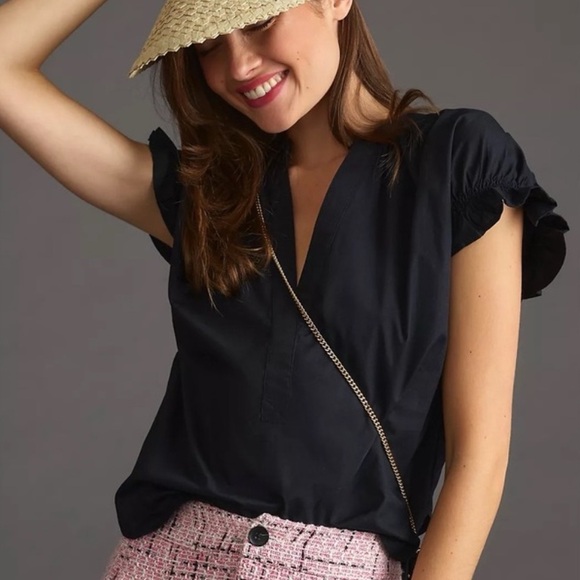 Anthropologie Tops - Anthropologie Pilcro The Tatum Top Poplin Black Puff Sleeve Blouse Sz Medium